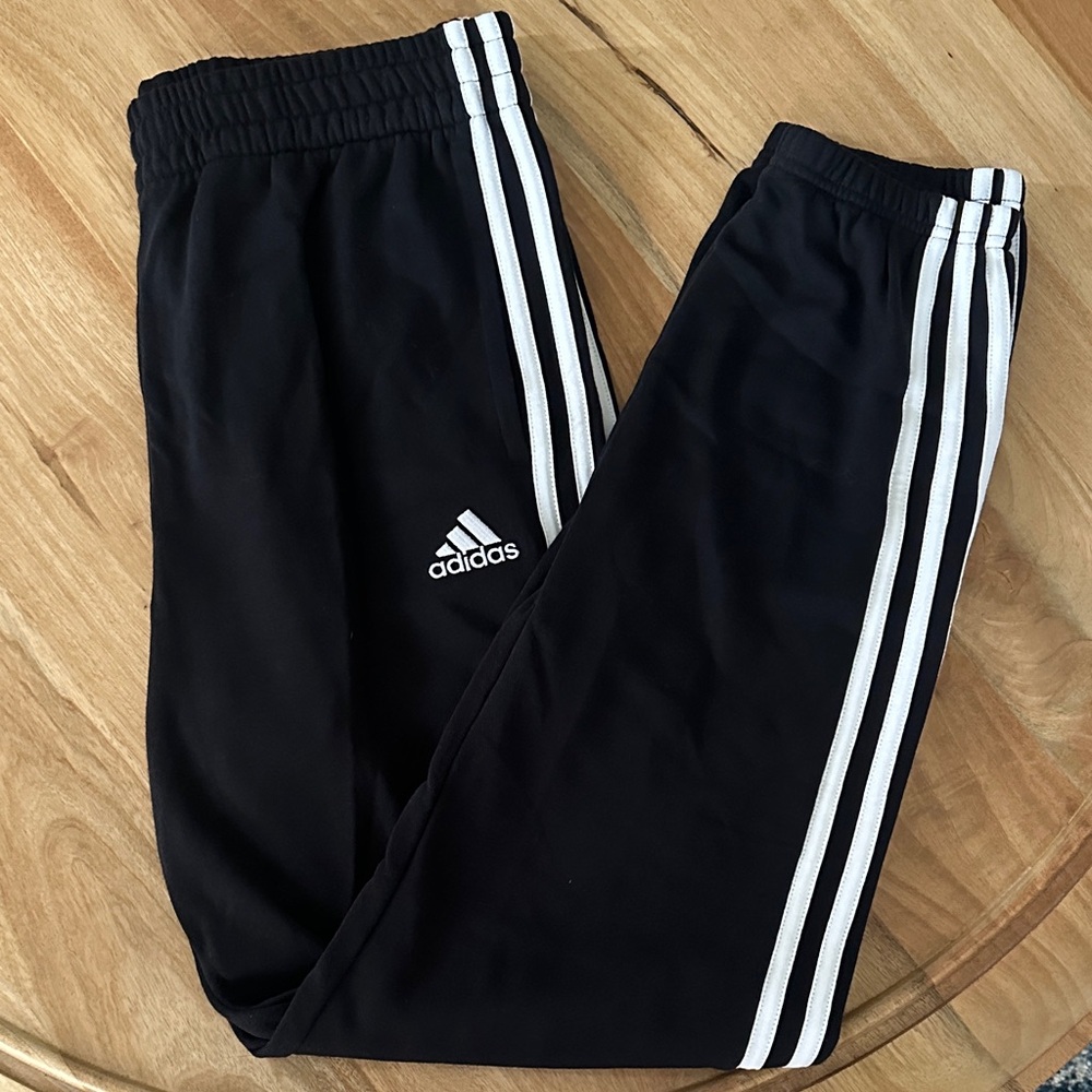 Excellent Classic Adidas Kids Black Joggers with White Stripes Size XL